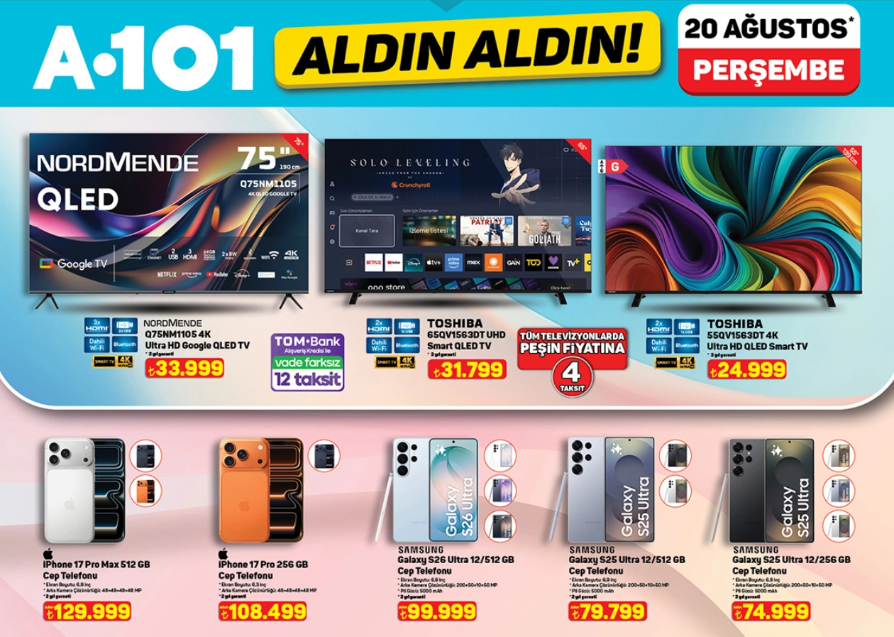 A101 20 Ağustos 2026 Aldın Aldın kataloğu: iPhone, Galaxy, televizyon ve tabletler satışta